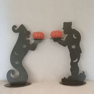 Super Cute Halloween Silhouette Taper Candle Holders - Black and Orange
